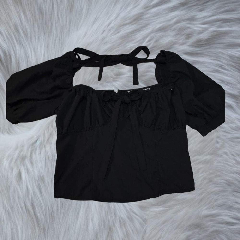 HYFVE Black and White Puff Sleeve Blouse with Tie Front
